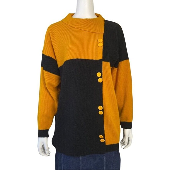 Hosanna Design Sweaters - Vintage Sweater Yellow Black Color Block Size Medium